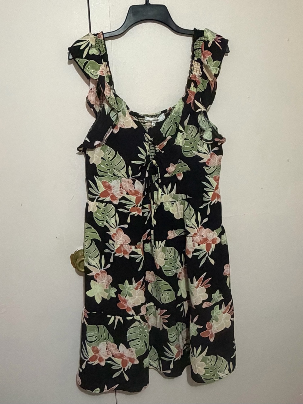 Floral Midi Dress in Black with Green & Pink Print